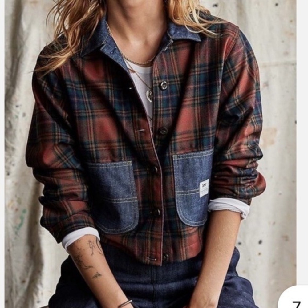 Lee Pendleton Red Plaid Cropped Chore Jacket Denim Pockets Shacket Wool Small